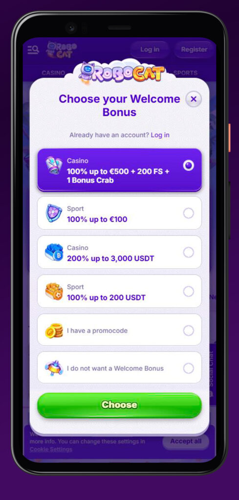 choose welcome bonus in mobile app robocat casino