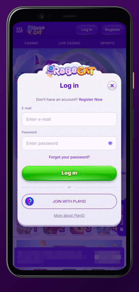 login form in mobile app robocat casino